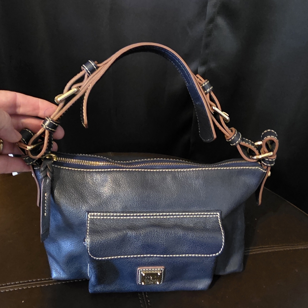 Navy Blue and Tan Leather Handbag